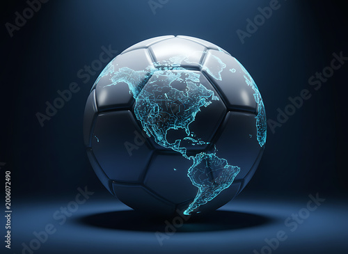 Close up of glowing blue soccer ball with world map on dark background