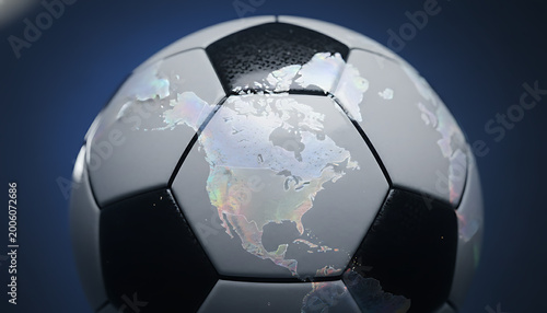 Close up view of a generic soccer ball with world map texture on black and white panels centered on a dark background