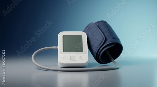 Digital blood pressure monitor 3D render, automatic sphygmomanometer device visualization, clinical BP machine model, upper arm medical monitor design, healthcare diagnostic equipment concept