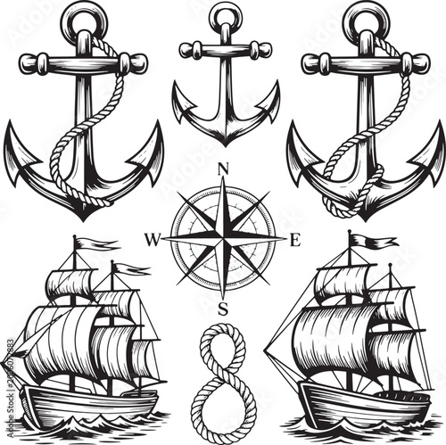 Schilderij op canvas Set of hand drawn nautical anchors, ships, compass and rope knot isolated on transparent background vector design