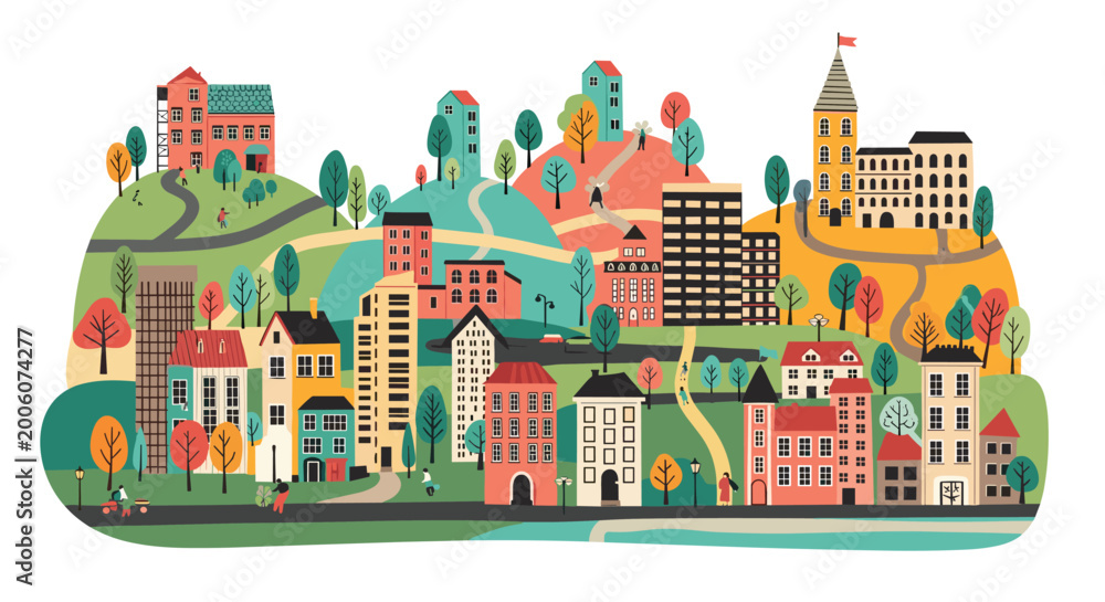 Fototapeta premium Vibrant and whimsical illustrated cityscape featuring colorful houses, rolling hills, winding paths, and stylized trees creating a playful urban scene.