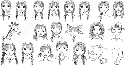 Fotografija Black and white line art collection of diverse cartoon girls with various hairstyles, a boy in a cap, a giraffe head, and a rhino