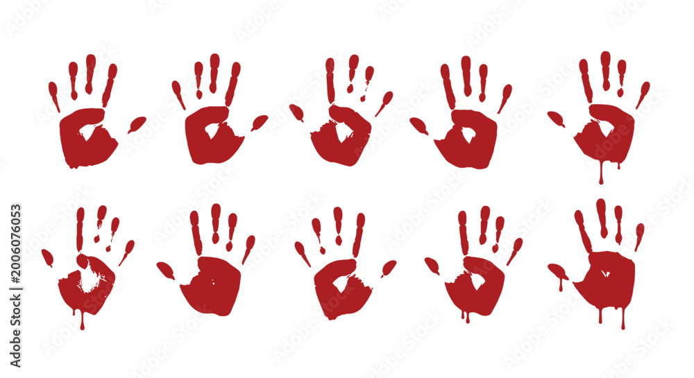 Fototapeta premium Collection of realistic red bloody handprints and splatters isolated on a white background for horror or crime themes.