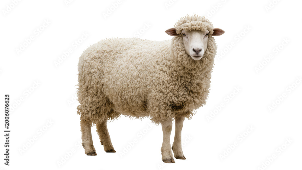 Fototapeta premium Fluffy white sheep with curly wool, standing still isolated on transparent background