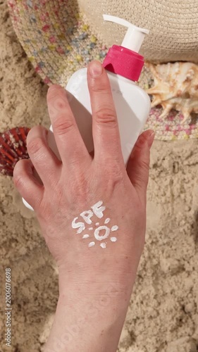 Woman applying sunblock cream on hand on sandy beach. Sun protective lotion with spf symbol drawing for skin health. Concept of summer skincare routine and prevention of uv damage and photoaging.