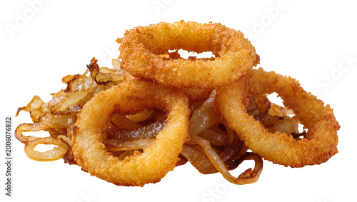 Golden crispy onion rings piled with caramelized fried onions, isolated on transparent background