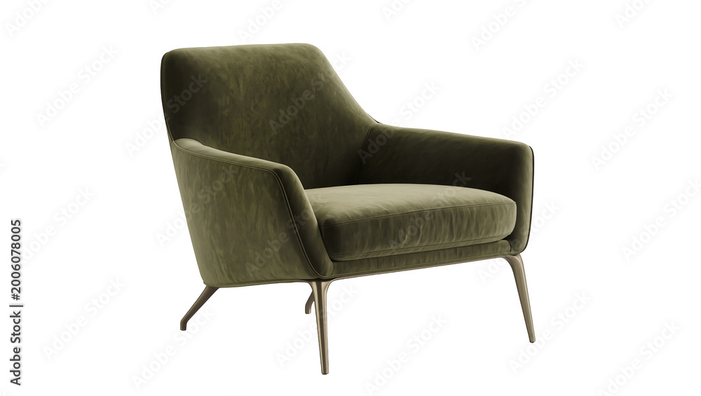 Fototapeta premium Plush olive green velvet armchair with thin metal legs, isolated on transparent background