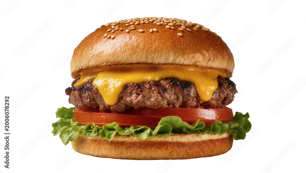 Obraz premium Juicy beef burger with melted cheese fresh tomato and lettuce, isolated on transparent background