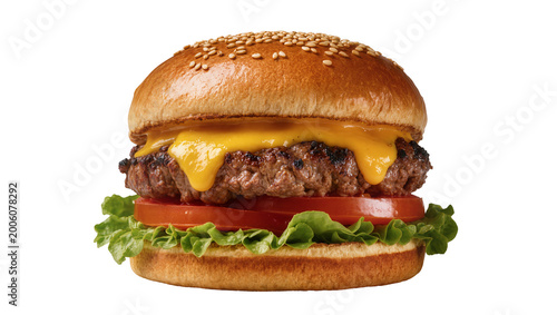 Cuadro en lienzo Juicy beef burger with melted cheese fresh tomato and lettuce, isolated on trans