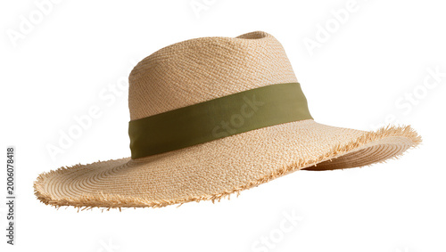 Fotografija Natural woven straw fedora hat with olive green ribbon band frayed brim, isolate