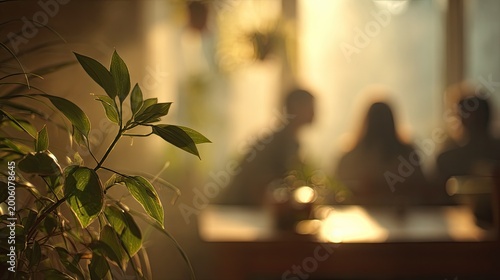 Soft focus indoor scene with plant and blurred figures at a table
