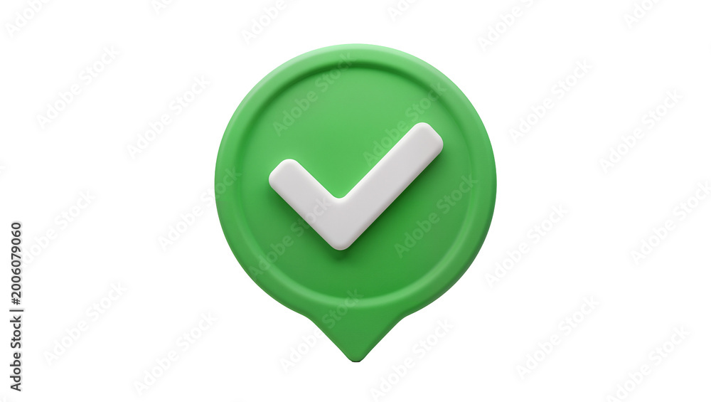 Fototapeta premium Green circular pin with white checkmark, isolated on transparent background