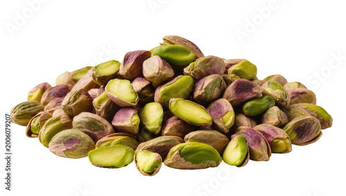 Pile of shelled pistachios with green and purple hues, isolated on transparent background