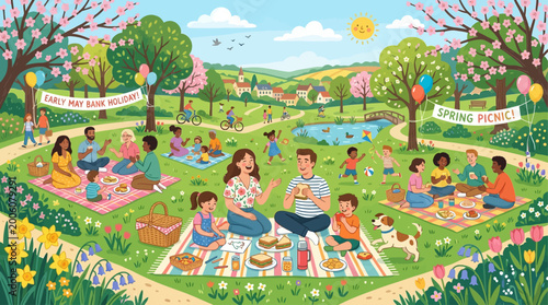 happy family having picnic in park on sunny spring day