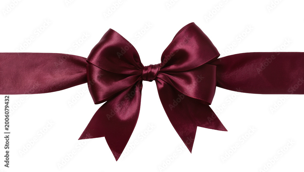 Fototapeta premium Deep red satin ribbon bow tied around a gift, isolated on transparent background