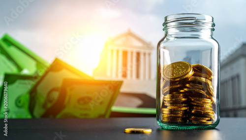 A clear glass jar packed with gold coins and green banknotes with a bank building in the background  money