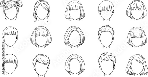 Tableau sur toile Anime Manga Hairstyle Collection: Diverse set of female and male character haircuts, featuring bobs, updos, short, and long styles, rendered as line art with blank faces for design