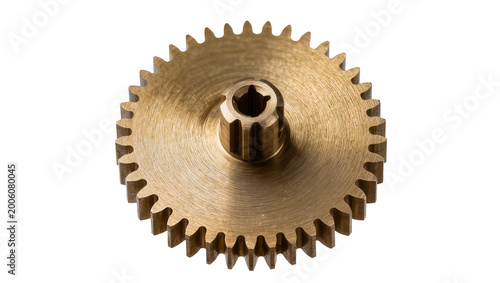 Single brass gear with central hub and teeth, isolated on transparent background