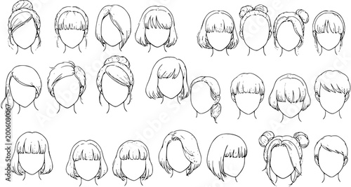 Fotografía Collection of various anime and manga style female hairstyles, including bobs, long hair, updos, and bangs, illustrated as line art on a white background for character design