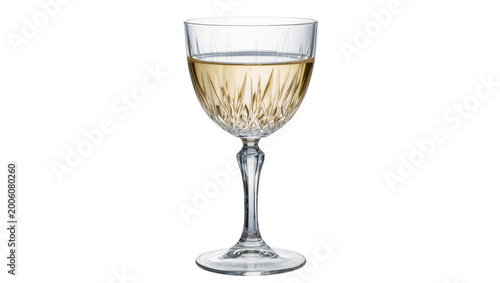 Bild auf Leinwand Clear crystal wine glass filled with pale yellow liquid, isolated on transparent