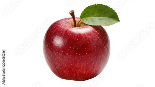 Shiny red apple with green leaf and stem, isolated on transparent background