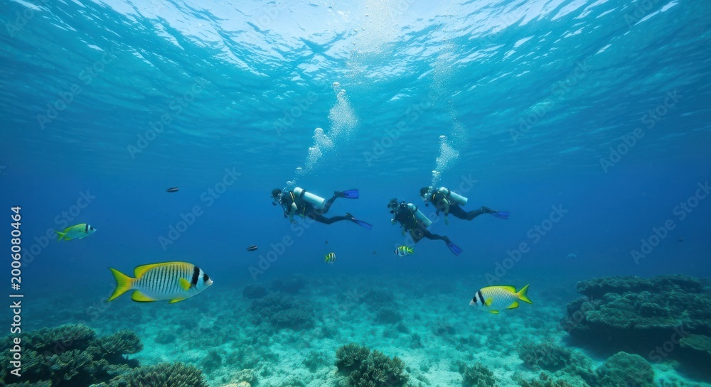 Obraz premium Divers explore underwater, amidst coral and colorful fish, bubbles rising