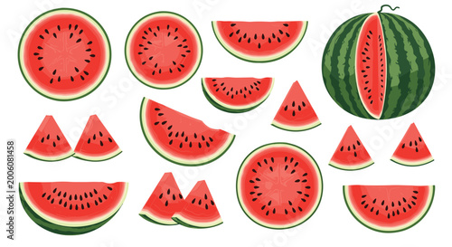 Large collection of watermelon illustrations including whole fruits, half sections, and various triangle slices with black seeds.