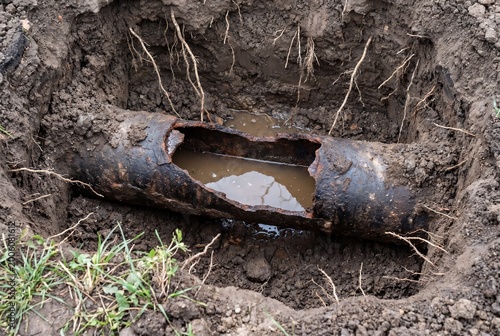 Damaged underground metal pipe leaking water in a dirt trench