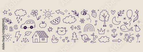 Obraz na plátně Minimal hand drawn kids doodles pattern, cute cartoon cat face line illustration