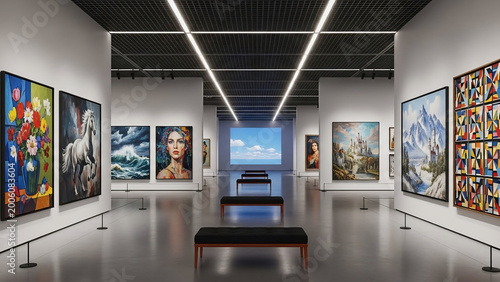 Modern Art Gallery Exhibition Hall with Diverse Paintings and Benches
