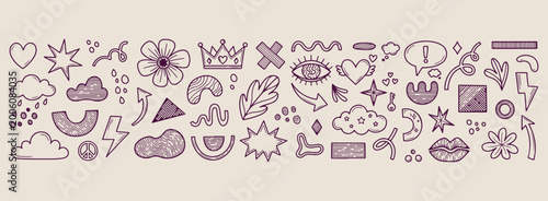 Konstfotografi Minimal hand drawn abstract doodles set, creative crown eye heart line illustrat