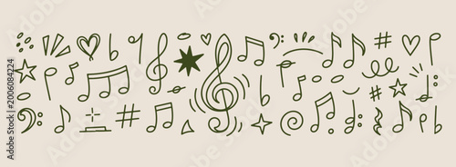 Schilderij op canvas Minimal hand drawn musical notes set, green treble clef melody line illustration