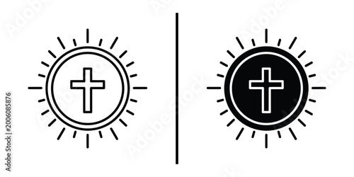Quadro su tela Christian Cross with Glowing Sunburst Halo Icon Set Minimalist Outline and Silho