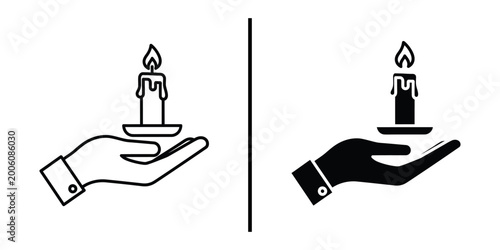 Obraz na płótnie Hand holding burning candle icon set with outline and solid silhouette flat vect