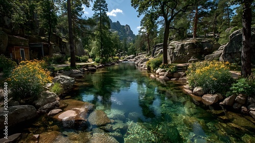 Crystal Clear River Flowing Through Lush Green Mountain Forest Landscape