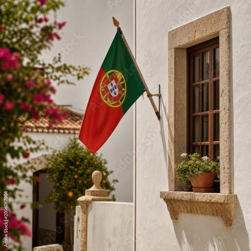 Portuguese flag mounted on a building in a Mediterranean village setting