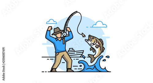 Fisherman catching a large bass fish jumping out of water with a boat in background