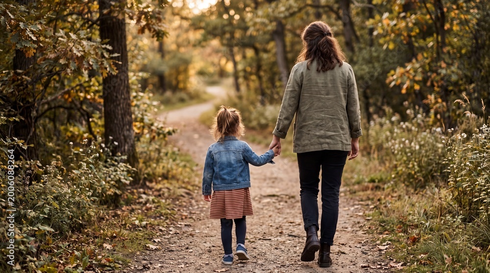 Fototapeta premium A child and an adult walking hand in hand through a serene forest path during autumn, surrounded by trees and soft light