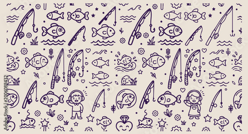 Canvastavla Fishing hobby pattern, cute fish activity illustration, minimalist water line ar