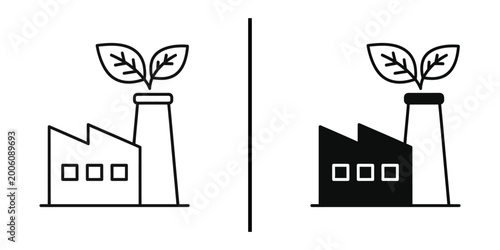 Foto Green eco factory with plant leaves coming out of chimney icon set outline and s