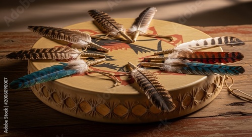 Native American Ceremonial Pow Wow Drum with Feather Accents Resting on a Dark Rustic Wooden Surface, Indigenous Cultural Heritage Background
