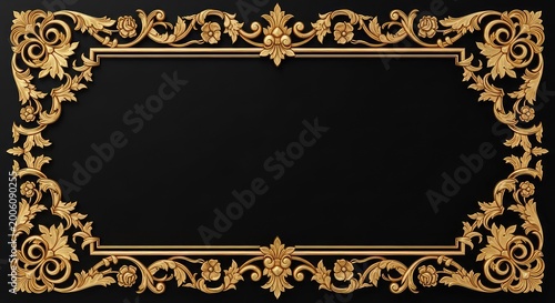 Elegant golden baroque border with intricate victorian scrollwork and floral arabesque patterns set against a deep luxurious black backdrop, corner, golden, border