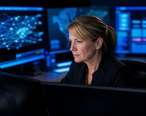 female cybersecurity analyst monitoring multiple screens showing network maps