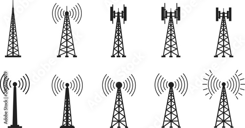 Fotografie elecommunication tower vector set with wireless signal antennas, radio transmiss