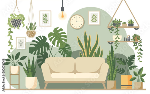 Vector illustration of a cozy living room with many plants

