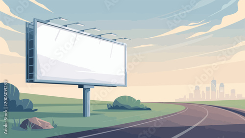 A blank billboard on the side of a winding road leading to a city
