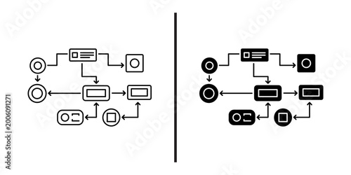 Flowchart algorithm icon set, workflow mind map diagram line and solid vector icons, logic schematic process symbols