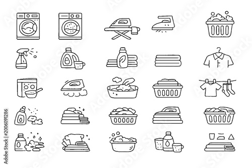 Laundry and Washing Line Icons Set with Clothes Cleaning Machine Detergent and Drying Symbols