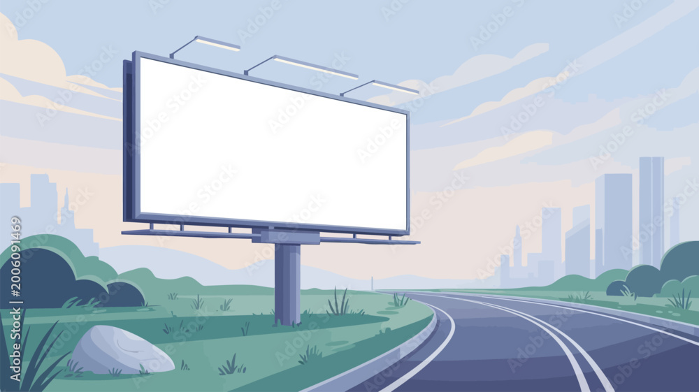 Fototapeta premium Billboard on the side of a road with a city skyline 