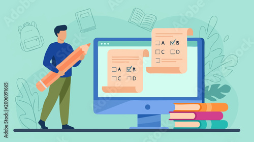 Valokuva Online education concept: Student taking test on computer with pencil